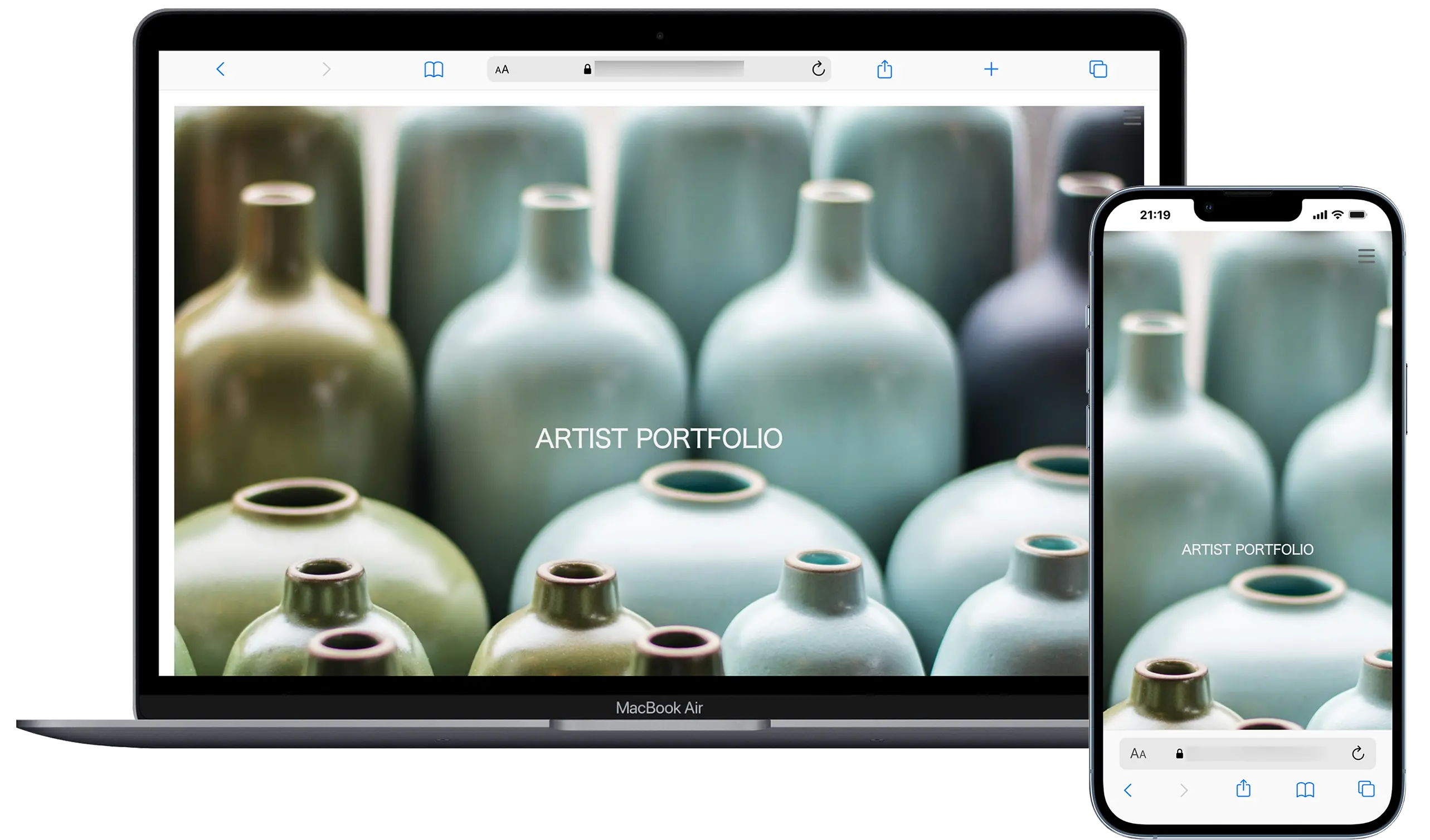 Desktop and mobile preview of the Artist Portfolio TopPhoto layout